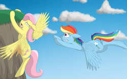 Size: 3840x2400 | Tagged: safe, artist:thebatfang, fluttershy, rainbow dash, pegasus, pony, g4, hanging