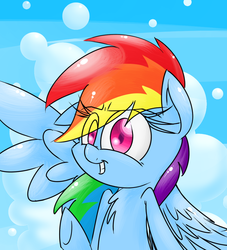 Size: 900x990 | Tagged: safe, artist:lemon-heartss, rainbow dash, pegasus, pony, g4, bust, chest fluff, cloud, cute, dashabetes, female, looking at you, mare, sky, solo, spread wings, underhoof, wings