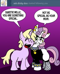 Size: 1707x2120 | Tagged: safe, artist:pembroke, dinky hooves, sweetie belle, ask meanie belle, g4, insult, meanie belle, meanie vs dinky, savage, tumblr, your mom