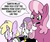 Size: 576x479 | Tagged: safe, artist:pembroke, cheerilee, dinky hooves, sweetie belle, ask meanie belle, g4, blood, crying, dialogue, floppy ears, lidded eyes, meanie belle, meanie vs dinky, missing teeth, nosebleed, open mouth, pink background, simple background, tumblr, wide eyes