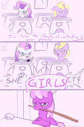 Size: 600x900 | Tagged: safe, artist:a6p, cheerilee, dinky hooves, sweetie belle, ask dinky doo, g4, meanie belle, meanie vs dinky, tumblr