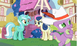 Size: 448x271 | Tagged: safe, screencap, bon bon, derpy hooves, lyra heartstrings, spike, sweetie drops, pegasus, pony, g4, secret of my excess, animated, female, mare, soon, well