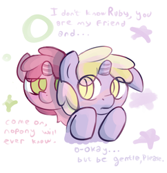 Size: 475x490 | Tagged: safe, artist:haute-claire, dinky hooves, ruby pinch, pony, unicorn, ask ruby pinch, g4, female, filly, lesbian, ship:dinkypinch, shipping, stars, tumblr