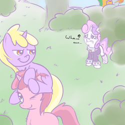 Size: 555x555 | Tagged: safe, artist:a6p, dinky hooves, ruby pinch, snails, snips, sweetie belle, pony, unicorn, ask dinky doo, g4, colt, crying, dinky riding ruby pinch, dinkyhat, female, filly, lesbian, male, meanie belle, meanie vs dinky, narrowed eyes, ponies riding ponies, pony hat, riding, ship:dinkypinch, shipping, tumblr