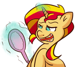 Size: 900x802 | Tagged: safe, artist:php52, sunset shimmer, pony, unicorn, g4, braces, female, hand mirror, magic, mirror, simple background, solo, white background