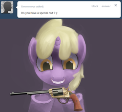 Size: 600x552 | Tagged: safe, artist:a6p, dinky hooves, ask dinky doo, g4, colt single action army, female, gun, handgun, literal, pun, revolver, solo, tumblr, weapon