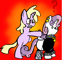 Size: 534x518 | Tagged: safe, artist:pembroke, dinky hooves, sweetie belle, pony, unicorn, ask meanie belle, g4, animated, female, filly, foal, knife, meanie belle, meanie vs dinky, stabbing, tumblr