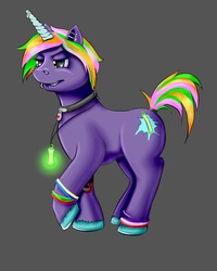 Size: 4000x5000 | Tagged: safe, artist:melinda chovexani, oc, oc only, pony, unicorn, collar, glowing, rainbow hair, rave, raver, solo