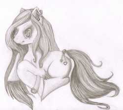 Size: 2492x2233 | Tagged: safe, artist:melinda chovexani, oc, oc only, earth pony, pony, female, filly, mare, monochrome, pencil drawing, shading, solo, tail charm