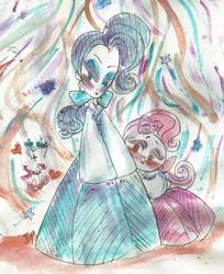 Size: 515x632 | Tagged: safe, artist:iiya, rarity, sweetie belle, human, g4, abstract background, hanbok, humanized, pencil, pony coloring, traditional art