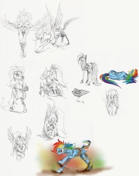 Size: 3728x4718 | Tagged: safe, artist:xenon, rainbow dash, g4, back, bound wings, female, mud, on side, partial color, rainbond dash, scene interpretation, sketch dump, solo, tied up, traditional art