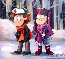 Size: 1072x972 | Tagged: dead source, safe, artist:cherryviolets, twilight sparkle, human, g4, boyfriend and girlfriend, crossover, crossover shipping, diplight, dipper pines, gravity falls, having a moment, humanized, male, public display of affection, shipping, snow, style emulation, tree