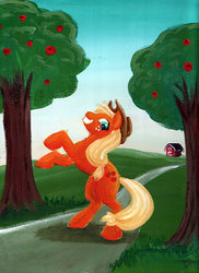 Size: 800x1100 | Tagged: safe, artist:trish-the-stalker, applejack, g4, female, rearing, solo, traditional art, tree