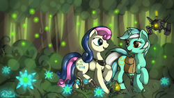 Size: 3000x1687 | Tagged: safe, artist:malamol, bon bon, lyra heartstrings, sweetie drops, robot, g4, clothes, forest, saddle bag, ship:lyrabon, shipping, shoes