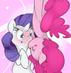 Size: 1280x1306 | Tagged: dead source, safe, artist:kryptchild, pinkie pie, rarity, earth pony, pony, unicorn, g4, :|, blushing, cute, diapinkes, duo, eyes closed, female, heart, kiss on the lips, kissing, lesbian, mare, ship:raripie, shipping, surprise kiss, surprised, upside down, upside down kiss, wide eyes