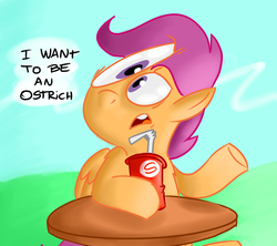 Size: 4500x4000 | Tagged: safe, artist:benja, scootaloo, g4, dialogue, drink, female, scootachicken, scootadodo, solo, table
