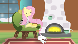 Size: 7680x4320 | Tagged: safe, artist:stillfire, angel bunny, fluttershy, g4, absurd resolution, clothes, coffee, sweater, sweatershy, winter