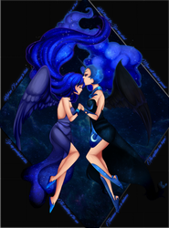 Size: 1480x2000 | Tagged: safe, artist:mizz-chama, nightmare moon, princess luna, human, the moon rises, clothes, dress, duality, female, floating, galaxy mane, horned humanization, humanized, kissing, lesbian, light skin, lunamoon, out of frame, self paradox, selfcest, shipping, windswept mane, winged humanization