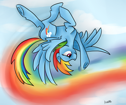 Size: 1485x1239 | Tagged: safe, artist:chromaflow, rainbow dash, g4, female, flying, solo, upside down