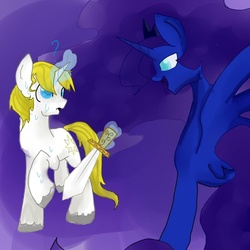 Size: 800x800 | Tagged: safe, artist:felixpheonix66, prince blueblood, princess luna, g4, sweat, sword, the twilight zone