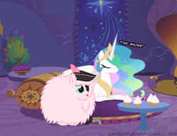 Size: 650x500 | Tagged: safe, artist:mixermike622, princess celestia, oc, oc:fluffle puff, g4, cupcake, eyepatch, hat, hook, pirate, single panel, sleeping, tea, teacup