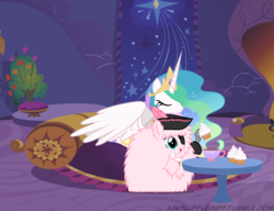 Size: 650x500 | Tagged: safe, artist:mixermike622, princess celestia, oc, oc:fluffle puff, g4, cupcake, eating, eyepatch, hat, hook, pirate, tea, teacup