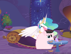 Size: 650x500 | Tagged: safe, artist:mixermike622, princess celestia, oc, oc:fluffle puff, g4, cupcake, eating, eyepatch, hat, hook, pirate, single panel, teacup