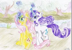 Size: 3496x2420 | Tagged: safe, artist:melodybisquit, fluttershy, rarity, butterfly, g4, magic, traditional art