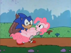 Size: 472x355 | Tagged: dead source, safe, artist:kroboproductions, screencap, pinkie pie, earth pony, pony, g4, carrying, crossover, crossover shipping, cute, diapinkes, dirt road, female, holding, male, mare, sonic the hedgehog, sonic the hedgehog (series), sonicpie, sonipie, youtube link, youtube poop, ytpmv