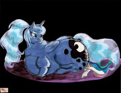 Size: 1018x784 | Tagged: safe, artist:squishyluna, princess celestia, princess luna, alicorn, pony, g4, butt, crushing, fat, female, mare, morbidly obese, obese, plot, princess moonpig