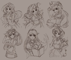 Size: 1600x1363 | Tagged: safe, artist:kirt, applejack, fluttershy, pinkie pie, rainbow dash, rarity, twilight sparkle, equestria girls, g4, mane six, monochrome, pixiv, sketch, sketch dump