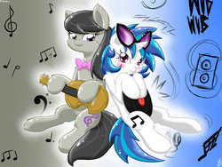 Size: 1600x1200 | Tagged: safe, artist:harthric, dj pon-3, octavia melody, vinyl scratch, g4, cello, music notes, musical instrument, record