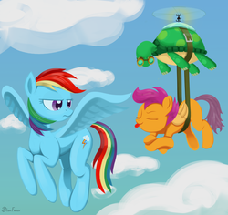 Size: 6000x5664 | Tagged: safe, artist:dimfann, rainbow dash, scootaloo, tank, pegasus, pony, tortoise, g4, :p, absurd resolution, carrying, crossed hooves, eyes closed, female, filly, flying, foal, frown, male, mare, pet, raspberry, scootaloo can't fly, smiling, smirk, spread wings, tongue out, trio, wings