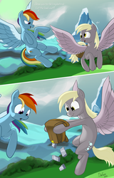 Size: 4980x7777 | Tagged: safe, artist:dimfann, derpy hooves, rainbow dash, pegasus, pony, g4, absurd resolution, bag, comic, dialogue, female, flying, lead, literal, mare, pun, this will end in tears