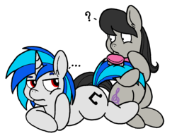 Size: 1376x1079 | Tagged: dead source, safe, artist:tilly-towell, dj pon-3, octavia melody, vinyl scratch, earth pony, pony, unicorn, g4, ..., brush, brushie, duo, grooming, hairbrush, question mark
