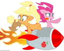 Size: 5000x4000 | Tagged: safe, artist:dfectivedvice, artist:yanoda, applejack, pinkie pie, g4, .ai available, colored, riding, rocket, simple background, transparent background, vector