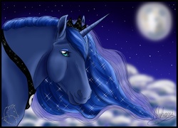 Size: 700x503 | Tagged: safe, artist:tarakas, princess luna, alicorn, pony, g4, cloud, female, moon, realistic, solo, stars