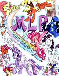 Size: 1700x2202 | Tagged: safe, artist:frostykat13, apple bloom, applejack, fluttershy, nightmare moon, pinkie pie, princess cadance, princess celestia, princess luna, rainbow dash, rarity, scootaloo, shining armor, sweetie belle, twilight sparkle, g4, applebucking, cutie mark crusaders, dirt, eyes closed, flying, heart, mane six, text, traditional art, tree, twilight sparkle (alicorn)