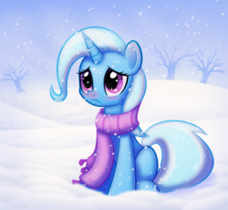 Size: 901x830 | Tagged: safe, artist:ctb-36, trixie, pony, unicorn, g4, clothes, female, mare, red nosed, scarf, snow, snowfall, solo, winter