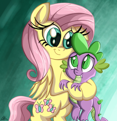 Size: 980x1020 | Tagged: safe, artist:daniel-sg, fluttershy, spike, g4, female, friendshipping, hug, male, ship:flutterspike, shipping, spikelove, straight