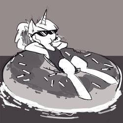 Size: 500x497 | Tagged: safe, artist:herny, princess luna, luna-afterdark, g4, clothes, donut, female, food, grayscale, monochrome, on back, one-piece swimsuit, solo, sunglasses, swimsuit