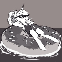 Size: 500x497 | Tagged: dead source, safe, artist:herny, princess luna, alicorn, pony, luna-afterdark, g4, clothes, donut, female, food, grayscale, monochrome, on back, one-piece swimsuit, solo, sunglasses, swimsuit