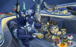 Size: 1280x800 | Tagged: safe, artist:saturnspace, doctor whooves, star hunter, time turner, earth pony, pegasus, pony, g4, blushing, butt grab, clothes, drink, eating, fondling, food, gay, glasses, grope, interior, jack harkness, male, shipping, stallion, stardoc