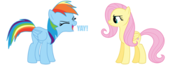 Size: 1782x660 | Tagged: safe, artist:thelittleredpony, fluttershy, rainbow dash, pegasus, pony, g4, dialogue, duo, eyes closed, female, fluttershy is not amused, flutteryay, impact font, mare, role reversal, simple background, text, transparent background, unamused, vector, yay