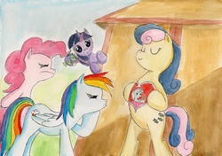 Size: 2317x1632 | Tagged: safe, artist:souleatersaku90, bon bon, lyra heartstrings, pinkie pie, rainbow dash, spike, sweetie drops, twilight sparkle, g4, female, lesbian, ship:lyrabon, shipping, tattoo, traditional art