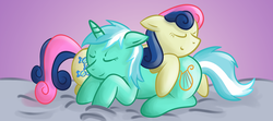 Size: 2250x1000 | Tagged: safe, artist:wolferahm, bon bon, lyra heartstrings, sweetie drops, earth pony, pony, unicorn, g4, female, mare, sleeping