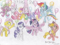 Size: 900x687 | Tagged: safe, artist:semijuggalo, angel bunny, applejack, fluttershy, pinkie pie, rainbow dash, rarity, spike, twilight sparkle, alicorn, dragon, earth pony, pegasus, pony, unicorn, g4, balloon, female, get hype, male, mane seven, mane six, mare, party, traditional art, twilight sparkle (alicorn)