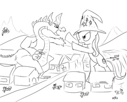 Size: 1000x800 | Tagged: safe, artist:mcsadat, spike, trixie, pony, g4, adult spike, fight, giant pony, giantess, macro, monochrome, older, sketch, spikezilla