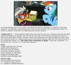 Size: 703x640 | Tagged: safe, a.k. yearling, rainbow dash, daring don't, g4, season 4, drama, glasses, implied ahuizotl, implied applejack, implied doctor caballeron, implied fluttershy, implied pinkie pie, implied rarity, implied spike, implied twilight sparkle, text