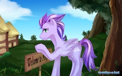Size: 1000x625 | Tagged: safe, oc, oc only, oc:kydose, forest, love is a rarity, ponyville, raridose, sign, solo, welcome
